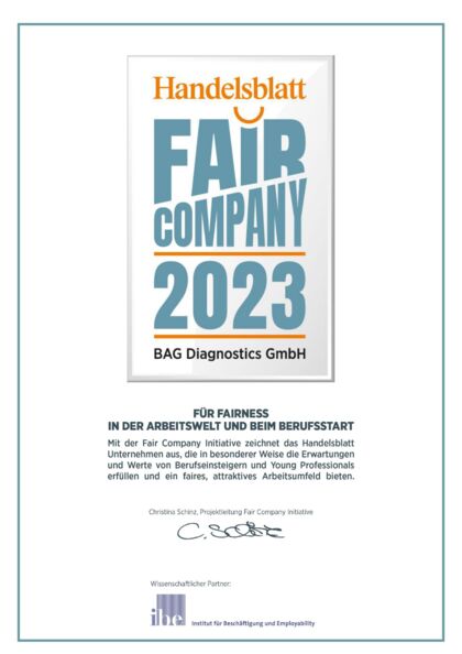 Handelsblatt Fair Company Urkunde BAG Diagnostics 2023