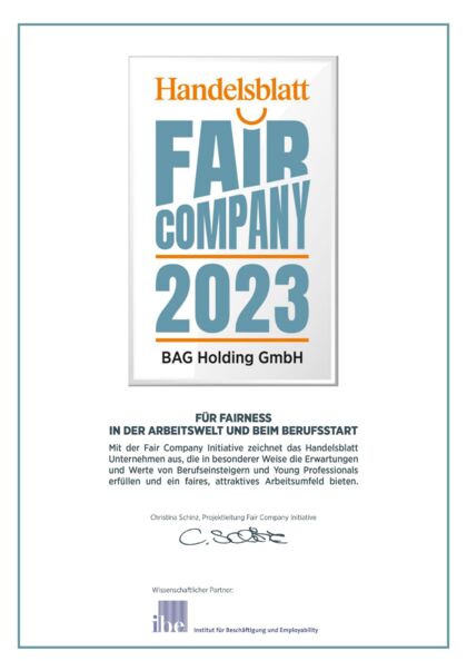 Handelsblatt Fair Company Urkunde BAG Holding 2023